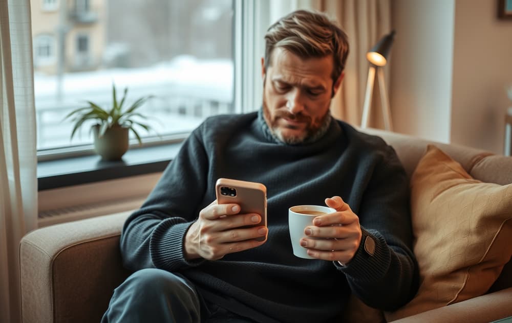 Person som spiller lotto på mobil i stuen