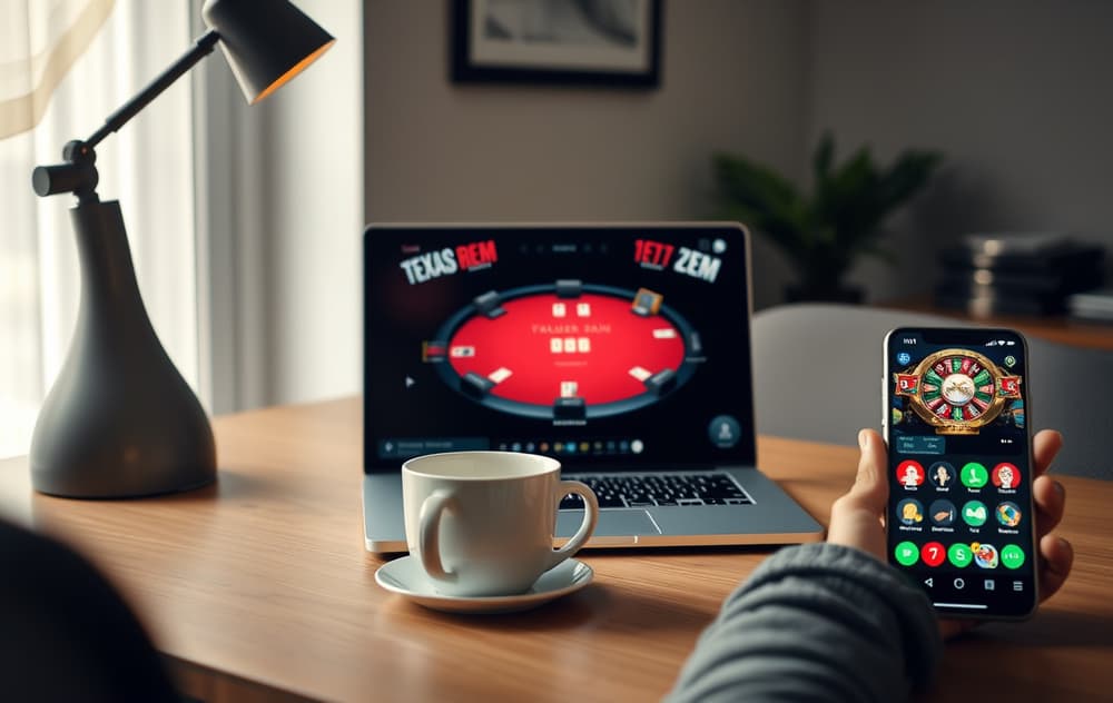 Norsk spiller ved skrivebord med laptop som viser pokerbord, kaffekopp og mobil med casino-app.