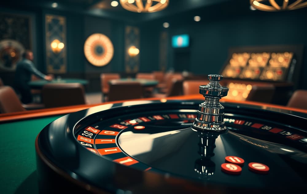 Europeisk rulett hjul med grønt bord og sjetonger i et dempet casino-lys.