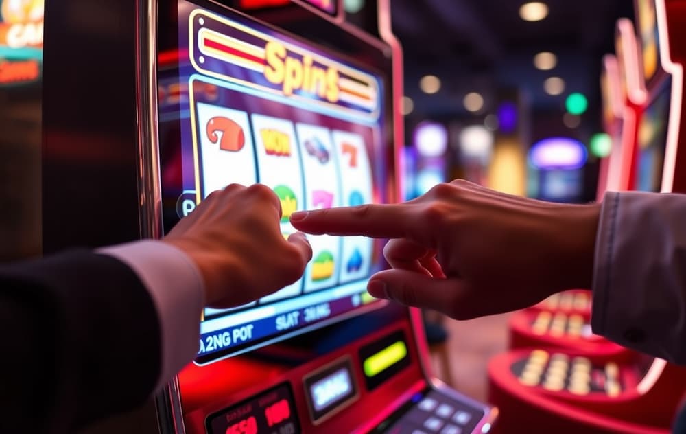 En hånd trykker på spinn-knappen på en spilleautomat med fargerike symboler i et dempet casinolys.